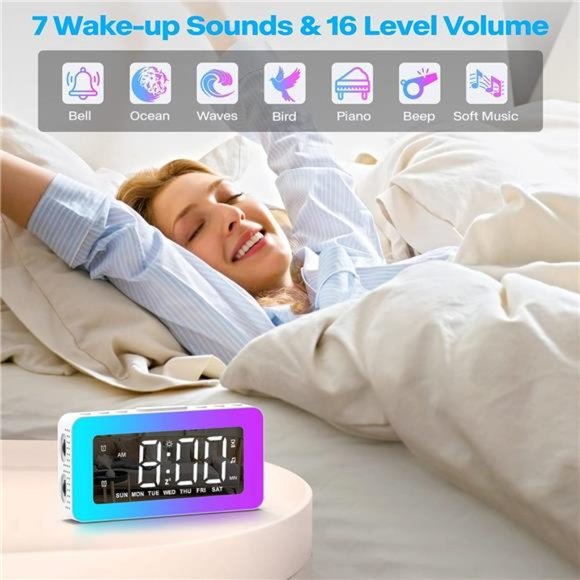Alarm Clocks for Bedrooms Mirror Clock with 8 RGB Atmosphere Light, Dual Alarms - Picture 5 of 6